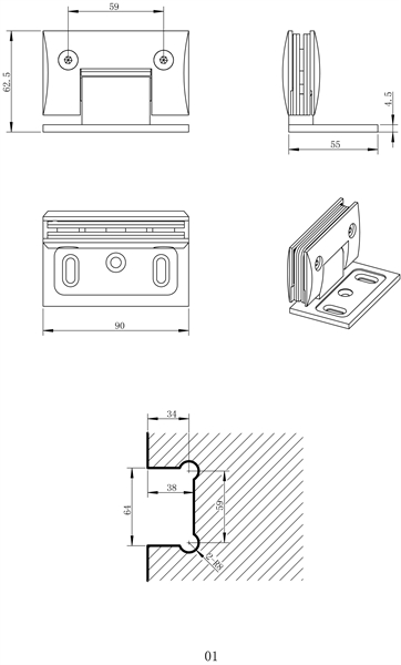 Scharnier C, 90 x 52 mm, Glas/Wand 90� T