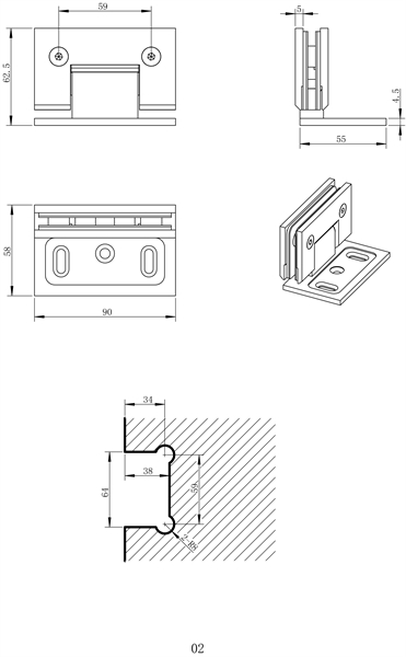 Scharnier C, 90 x 52 mm, Glas/Wand 90� T