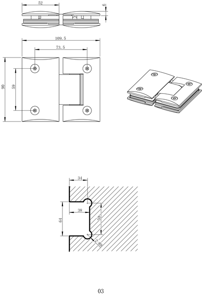 Scharnier C, 90 x 52 mm, Glas/Glas 90�