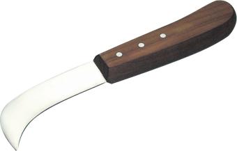 Separating knife, sickle shape. Inner cutting edge. Polished wooden handle. 