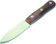 Putty knife with spear point. Highly polished blade of 95 mm length and 26 mm width. Brown polished wooden handle. 