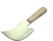 Lead putty knife, crescent shape. Light coloured woooden handle. 